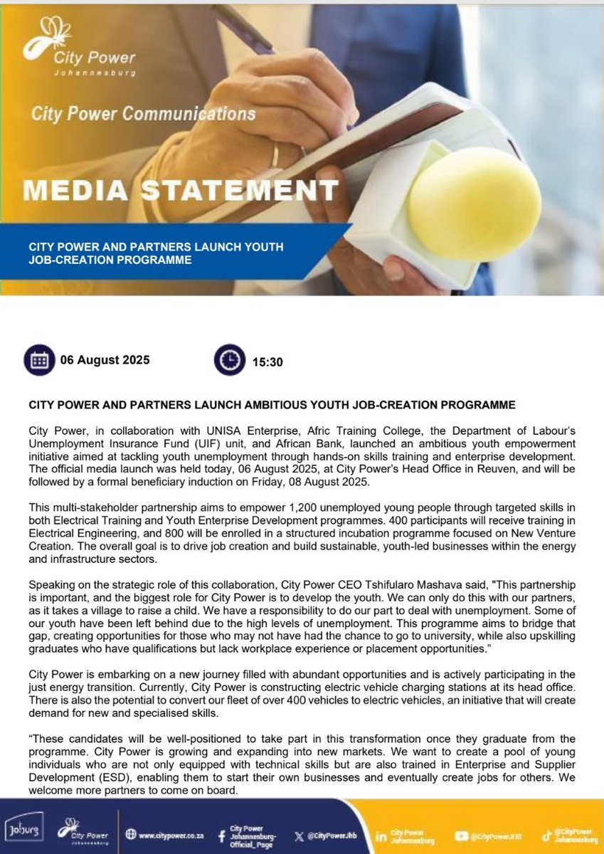 CityPowerJhb's tweet image. #CityPower Engages 

CITY POWER AND PARTNERS LAUNCH AMBITIOUS YOUTH JOB-CREATION PROGRAMME

City Power, in collaboration with UNISA Enterprise, Afric Training College, the Department of Labour’s Unemployment Insurance Fund (UIF) unit, and African Bank, launched an ambitious youth