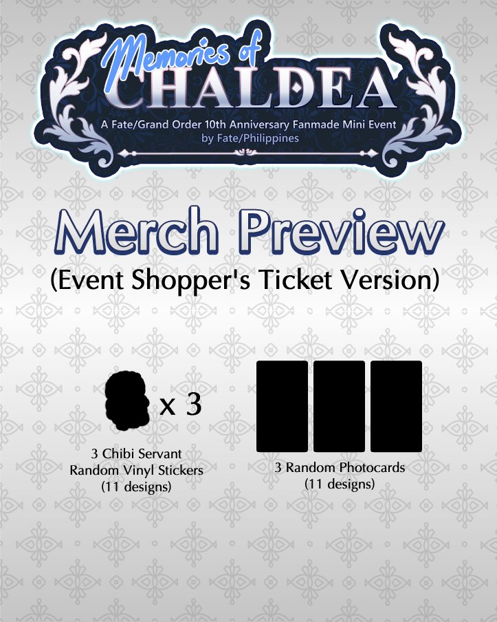 [Ticket Inclusions]

Ever so curious what each guest will be getting? Here's a merch preview of what you can get in the event! 

Note: Event Shopper's Ticket full availability of the merch is until supplies last.

#FPH #MemoriesOfChaldea