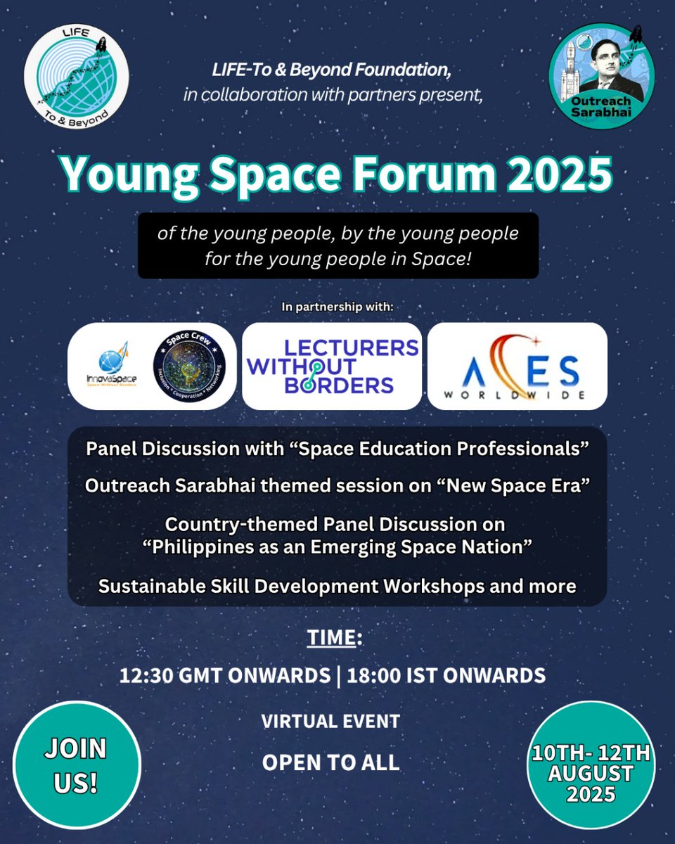 🚀 Yet another edition of the YOUNG SPACE FORUM as part of our OUTREACH SARABHAI Initiative! 🌌
🔗 Register Now: forms.gle/aHqYhJN47Sy1vj…

August 12th is a special day, the birth anniversary of Dr. #VikramSarabhai and recognized as International Youth Day by the <a href="/UN/">United Nations</a>! 🎉🌍

#space