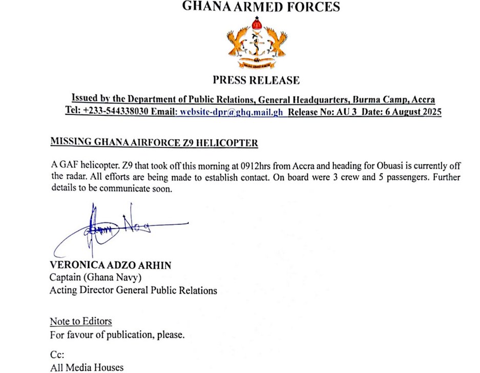 The Ghana Armed Forces announces missing Ghana Airforce Helicopter which was heading to Obuasi this morning.
#SekondiTakoradisMusicLeader #beachnewsroom