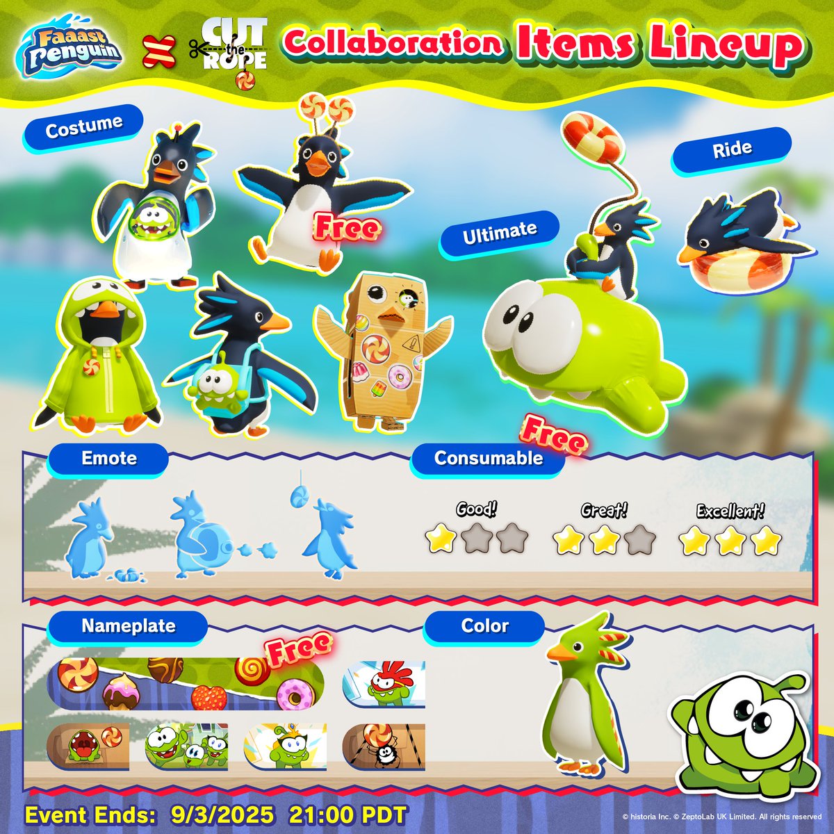 Faaast Penguin (@faaastpenguin) on Twitter photo 【Cut the Rope Collaboration】
Introducing the exclusive items! 🐧
Om Nom brings along many collaboration items! Ride the Om Nom Float and eat candy!🍭🍬
#FaaastPenguin #CutTheRope 【Cut the Rope Collaboration】
Introducing the exclusive items! 🐧
Om Nom brings along many collaboration items! Ride the Om Nom Float and eat candy!🍭🍬
#FaaastPenguin #CutTheRope