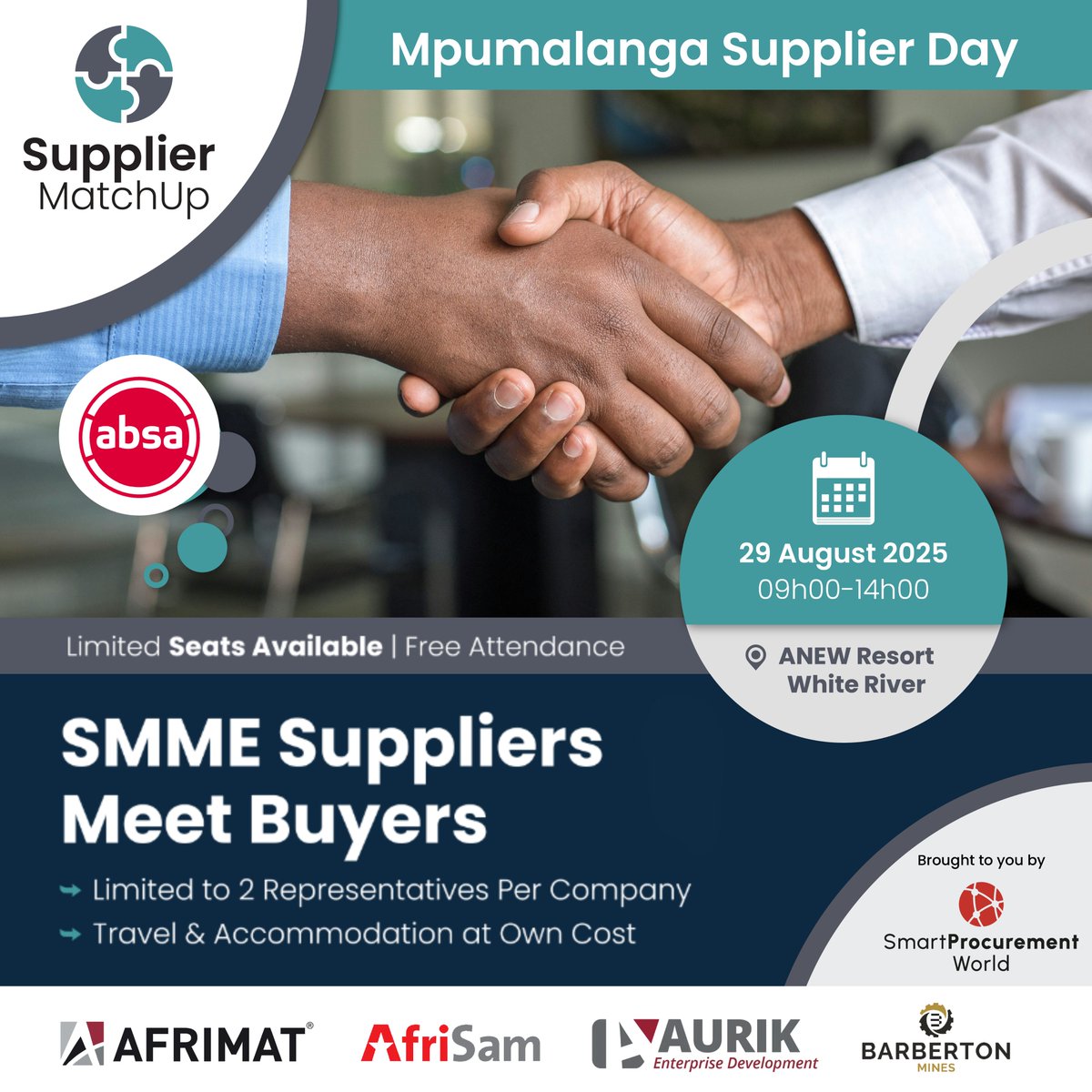 Unlock new business opportunities at the Mpumalanga Supplier Day on 29 Aug 2025. Open to SMMEs with 2+ years experience &amp; valid B-BBEE affidavit. Apply here tinyurl.com/5n9xhkny. #SupplierMatchUp #SupplierDevelopment #SMMEGrowth