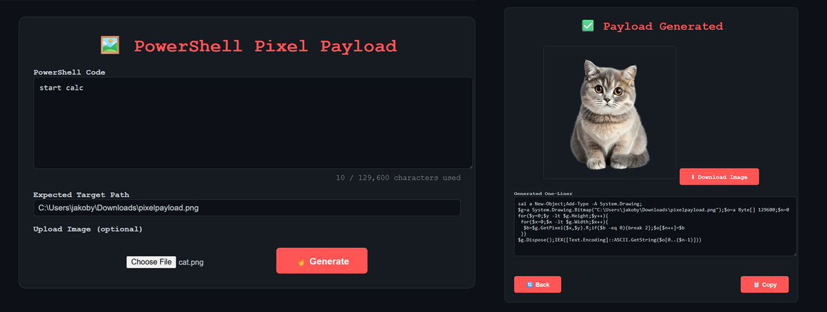 I_Am_Jakoby's tweet image. I finished early and added another tool to my website!
➡️powershellforhackers.com/tools/psinpic/
This tool allows you to hide any payload in the pixels of an image and then generates a short code snippet for you to extract and execute it
This means you can generate an obfuscated reverse shell…