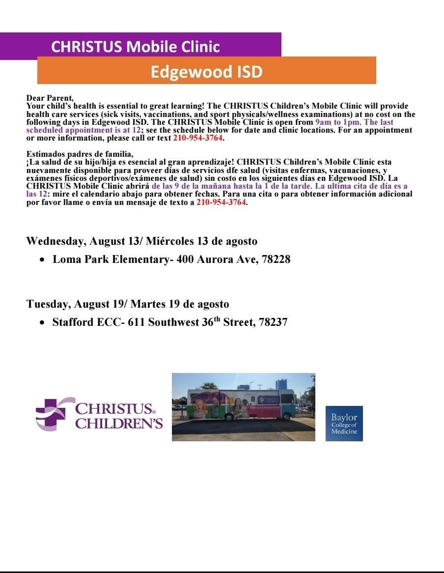 Back in action <a href="/EISDofSA/">Edgewood ISD</a>! Back bringing the resources! Don’t wait to get your student’s immunizations done! 
💉🩺📚🚌🎓