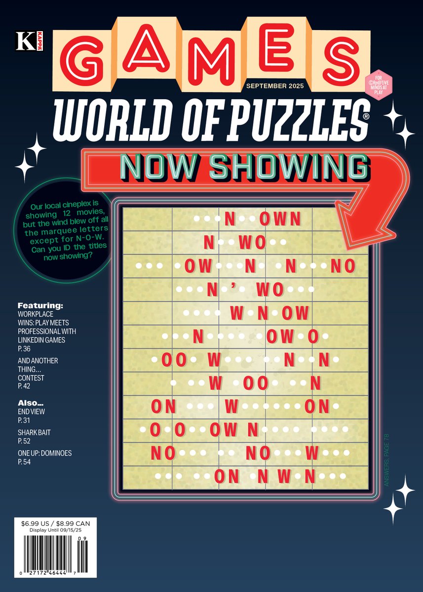 The September issue of Games World of Puzzles is out now.

It’s got a great mix of puzzles, as well as engaging articles and reviews about games of all sorts. 

Grab a copy and start solving!
