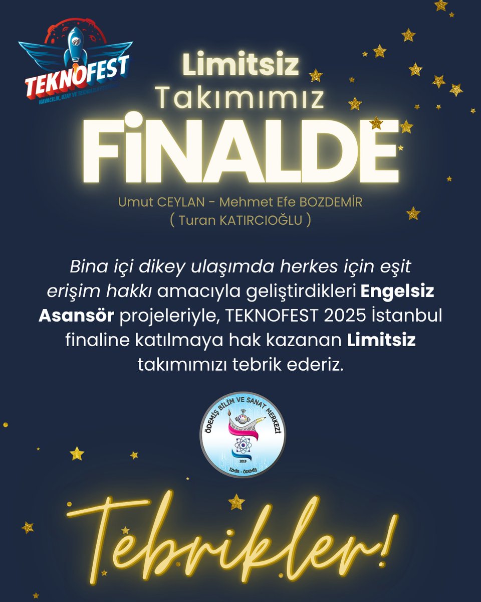 Limitsiz takımımız Engelsiz Asansör projeleriyle TEKNOFEST 2025 İstanbul finallerine katılmaya hak kazandı! 🚀 Öğrencilerimizi ve öğretmenimizi tebrik eder başarılarının devamını dileriz. 💙
 #TEKNOFEST
<a href="/izmir_ilmem/">İzmir İl Milli Eğitim Müdürlüğü</a> <a href="/Odemis35_Ilce/">Ödemiş İlçe MEM</a>
