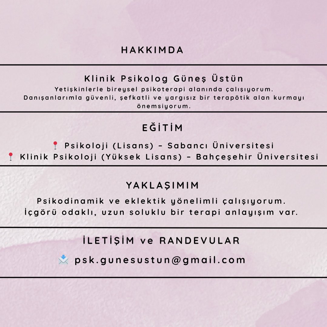 Klinik psikolog olarak online terapi hizmeti vermeye başladım 💚

Randevular, iletişim ve bilgi için: psk.gunesustun@gmail.com