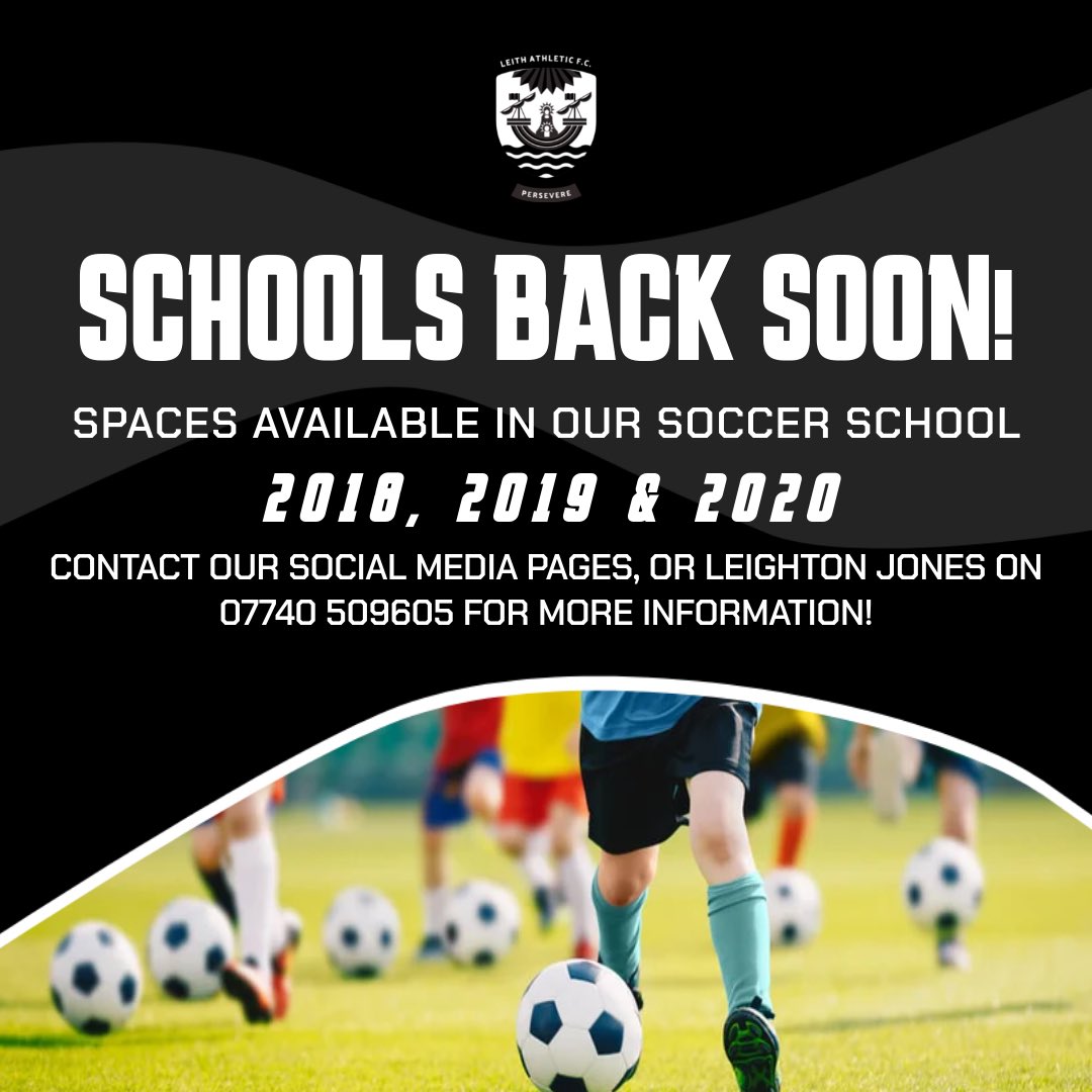 ⚽️SCHOOLS BACK SOON⚽️

As the schools return in the coming weeks, we have spaces available in our soccer school — 2018, 2019 &amp; 2020 born age groups!

Contact our social media pages, or Leighton on 07740 509605 for more information! 🤝🏼