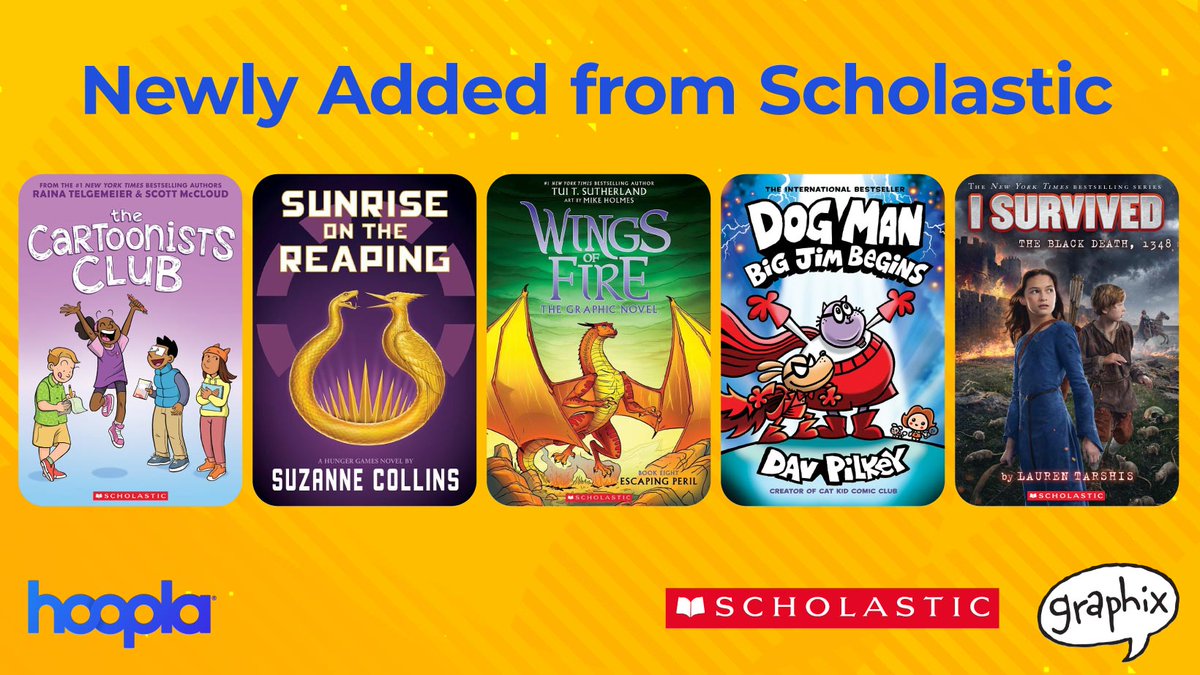 New Scholastic book and comic arrivals now on Hoopla! Read a variety of series and titles including The Hunger Games, Wings of Fire, Dog Man and more. hoopladigital.com/publisher/scho…