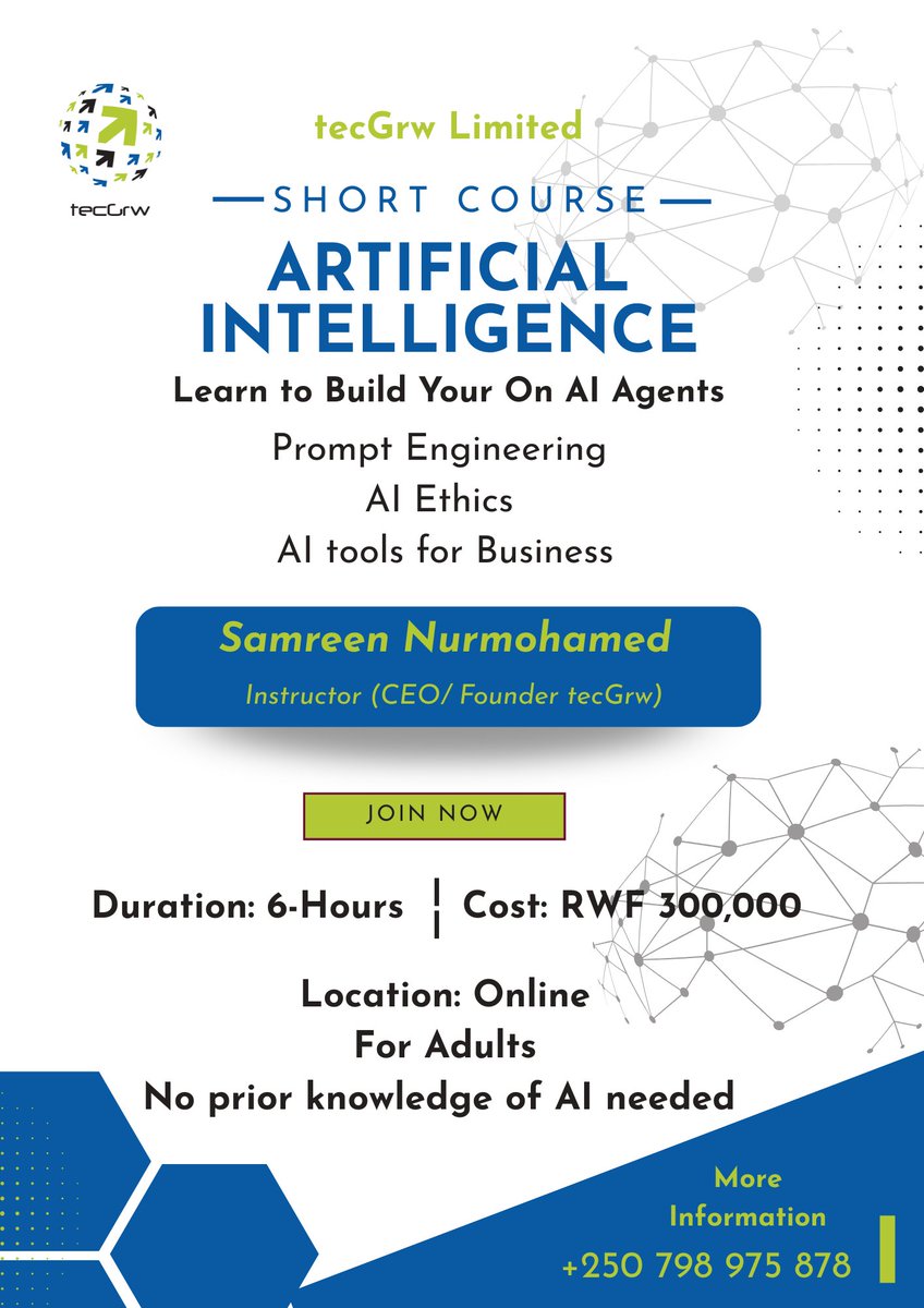 AI isn't coming, it’s already here.
So, the question is, are you still watching, or ready to start creating?
tecGrw is introducing short course on AI
Build your own AI agent
Use tools that save time in your work or business
Understand how AI decisions are made
📞+250 798 975 878