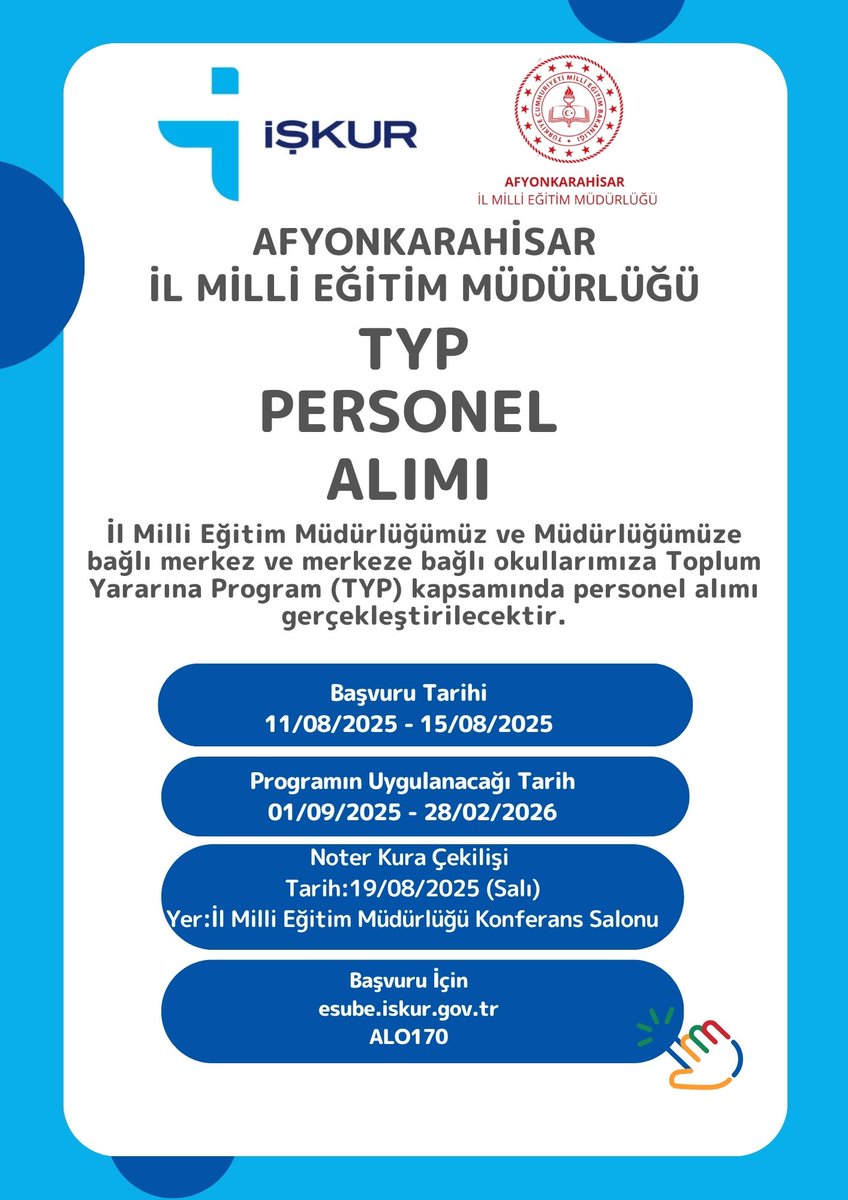 📷 Toplum Yararına Program (TYP) Başvuru Duyurusu…
facebook.com/share/p/1Enmav…
<a href="/tcmeb/">Millî Eğitim Bakanlığı</a> <a href="/Yusuf__Tekin/">Yusuf Tekin</a> <a href="/AfyonValiligi/">T.C. Afyonkarahisar Valiliği</a> <a href="/kubrayigitbasi/">Doç. Dr. Kübra Güran Yiğitbaşı</a> <a href="/miracsunnetci/">Miraç Sünnetci</a>