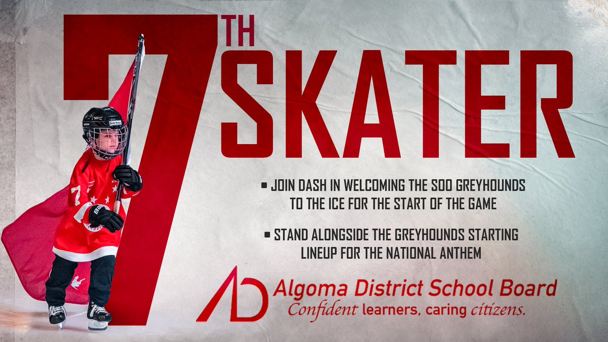 The Algoma District School Board 7th Skater program continues for the 2025-26 season! Join Dash in welcoming the Soo Greyhounds to the ice for the start of the game along with the National Anthem!
SIGN UP TODAY 📰 | chl.ca/ohl-greyhounds…