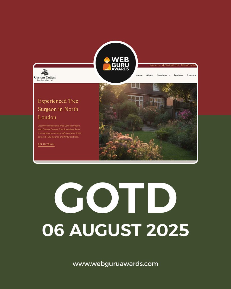 webguruawards's tweet image. 📌 Guru of the Day – 6 Aug, 2025 🏆

🥇 Custom Cutters | By Wingnut Websites 🇬🇧

A trusted North London tree care company since 1984 🌳
Experts in tree surgery, removal, reports &amp;amp; more.

🌐 customcutters.co.uk

#TreeCare #TreeSurgery #Arborist #GuruOfTheDay #WebGuruAwards