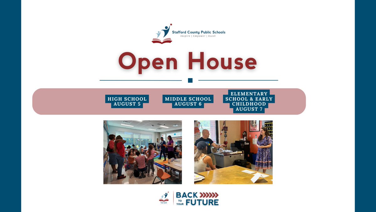 Elementary and Early Childhood families—tomorrow is your Open House!

On August 7, come meet your teachers, find your classrooms, and get ready to start the school year with confidence.

Visit staffordschools.net/currentyear for your school’s schedule.
#Back2YourFuture