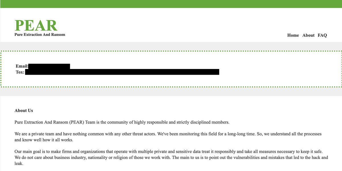 On August 6, 2025, Searchlight Cyber analysts discovered the victim shaming blog operated by the Pure Extraction And Ransom (PEAR) cybercrime group. PEAR appears to exfiltrate data and attempt to blackmail victims into paying a ransom instead of deploying ransomware.