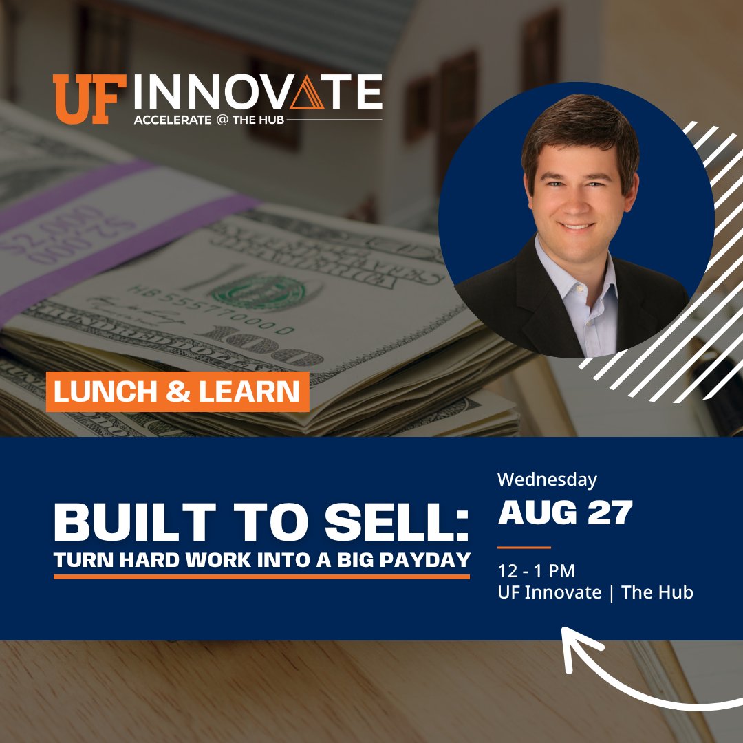 UFAccelerate's tweet image. Thinking about selling your business someday, or just curious what it takes? 💼

Join us on August 27th from 12 to 1 PM at UF Innovate | The Hub for a focused Lunch &amp;amp; Learn with Jesse Liebe of Legacy Capital. 

RSVP here: calendar.ufl.edu/innovate/event…

#Entrepreneurs #GNV #HubSweetHome