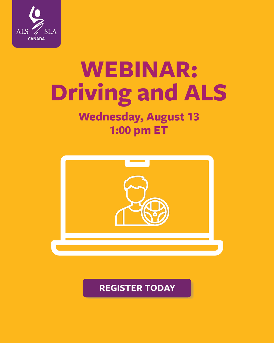 ⏰ There is still time to register for the ALS Canada: Driving &amp; ALS Webinar on August 13 at 1:00 pm ET.

Join ALS Canada and Sunnybrook Health Sciences Centre to learn about the impact of ALS on driving ability, adaptive driving equipment, how an ALS diagnosis may affect