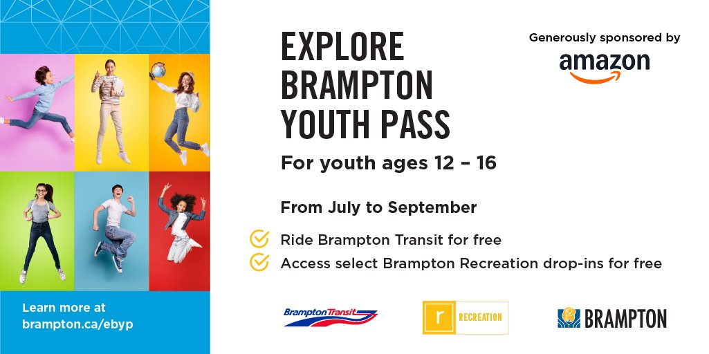 Stay active this summer in #Brampton!

Explore Brampton Youth Pass holders have FREE fares on #BramptonTransit and gain FREE access to select @bramptonparksrec drop-in programs, including:  
• Swimming 🏊 
• Skating ⛸️ 
• Select sports 🏀

Visit 🔗: brampton.ca/ebyp
