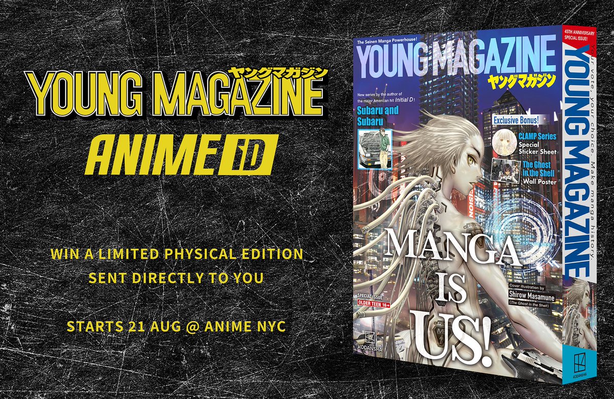 Young Magazine US (@yanmaga_usa) on Twitter photo We're officially partnering with <a href="/magazine_young/">ヤングマガジン編集部</a> for its 45th anniversary campaign in US via @yanmaga_usa.
Kodansha, one of Japan's largest and most influential publishers started publishing Young Magazine ( <a href="/magazine_young/">ヤングマガジン編集部</a> ) back in the 80s, bringing huge cult classics such as We're officially partnering with <a href="/magazine_young/">ヤングマガジン編集部</a> for its 45th anniversary campaign in US via @yanmaga_usa.
Kodansha, one of Japan's largest and most influential publishers started publishing Young Magazine ( <a href="/magazine_young/">ヤングマガジン編集部</a> ) back in the 80s, bringing huge cult classics such as