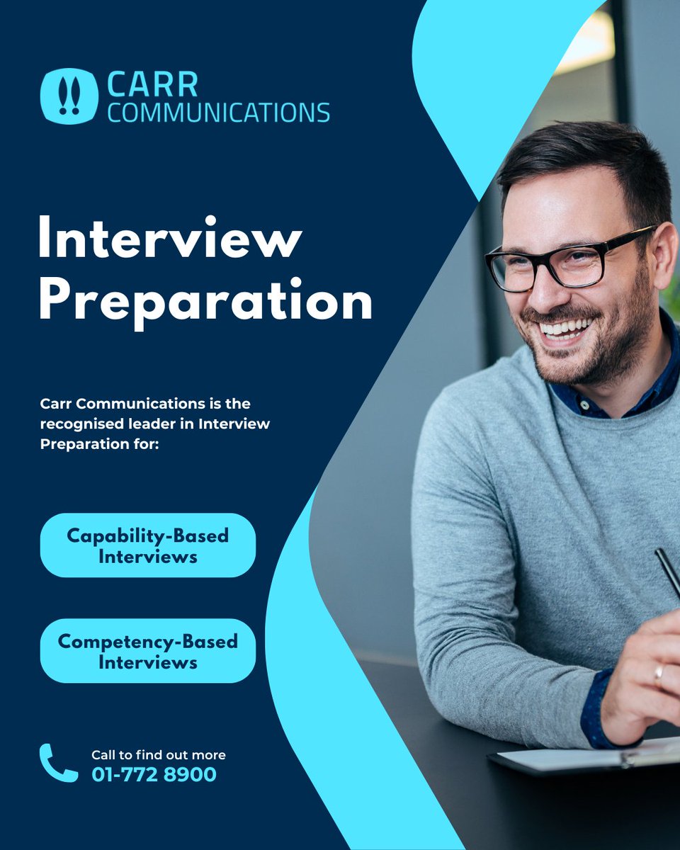 Carr Communications (@carrcommsltd) on Twitter photo 50+ years of expertise, one session to transform your interview game.
Get started today by calling us on +353 1-772 8900, or e-mail info@carrcommunications.ie, and a member of our experienced team will contact you.
#Interview #InterviewPreparation #PersonalDevelopment #Training 50+ years of expertise, one session to transform your interview game.
Get started today by calling us on +353 1-772 8900, or e-mail info@carrcommunications.ie, and a member of our experienced team will contact you.
#Interview #InterviewPreparation #PersonalDevelopment #Training