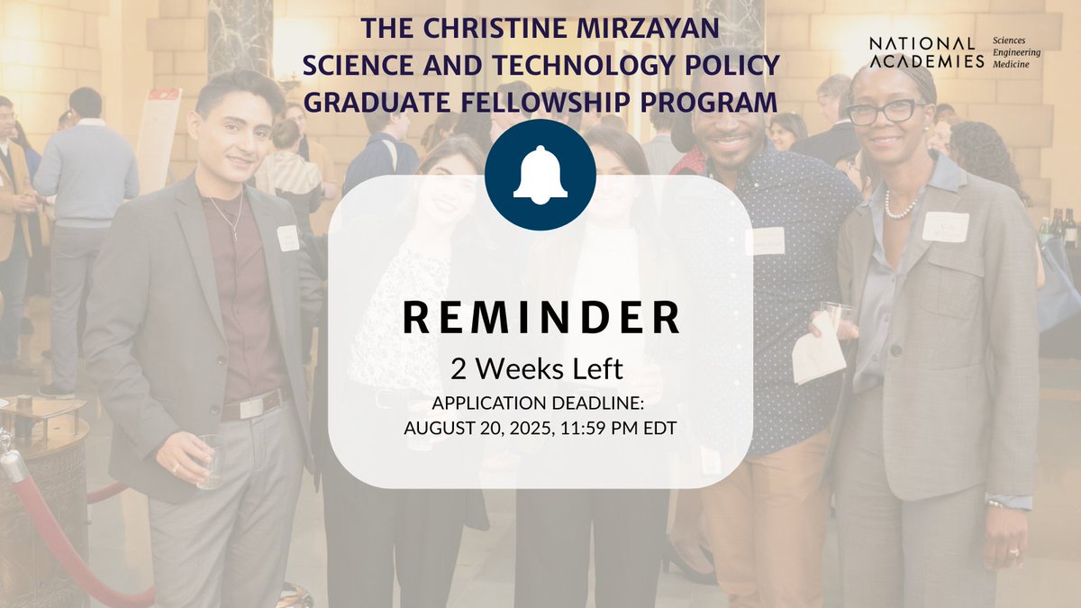 Only 2 weeks left to apply for the 2026 Mirzayan Fellowship Program. Don’t miss your chance to take part in this unique science policy experience in Washington, D.C.
Apply now: ow.ly/47S450WjX97

#MirzayanFellowship #SciencePolicy #FellowshipOpportunity #CountdownToDeadline