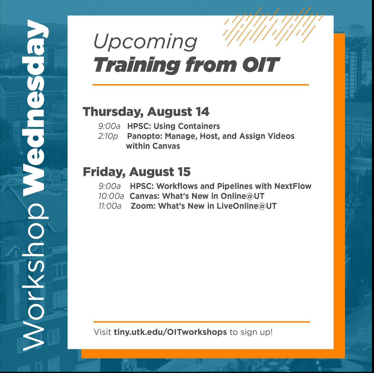 Next week is packed with workshops to support instructors in their courses, plus our exciting Bioinformatics workshop series! Register today: tiny.utk.edu/OITworkshops