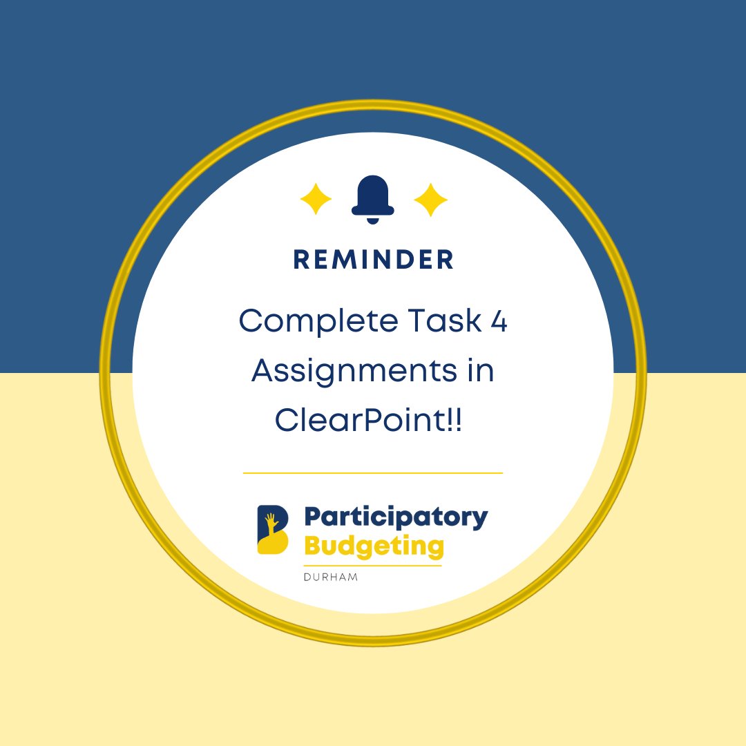 BUDGET DELEGATE REMINDER! Please make sure you have uploaded your Task 4 assignments into ClearPoint by midnight tonight! Thanks for all you do! #ParticipatoryBudgeting #CityofDurham #BudgetDelegates

Website:pbdurham.org