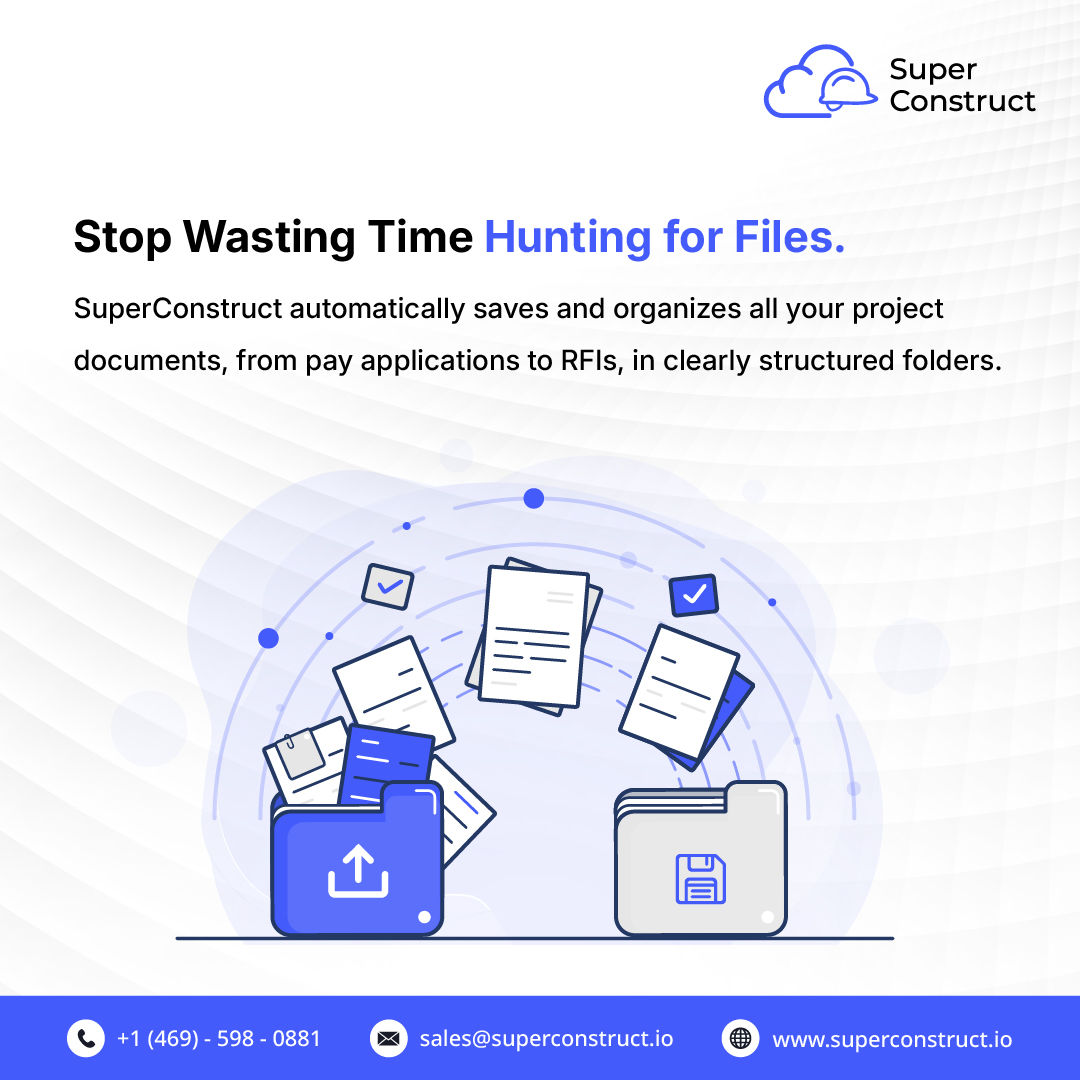 isuperconstruct's tweet image. Tired of hunting down project docs in email threads and messy folders?
SuperConstruct auto-saves &amp;amp; organizes pay apps, RFIs, and more—so you stay organized and save hours.
(469) 598-0881
sales@superconstruct.io
superconstruct.io
#SuperConstruct #ConstructionTech#SmartWork