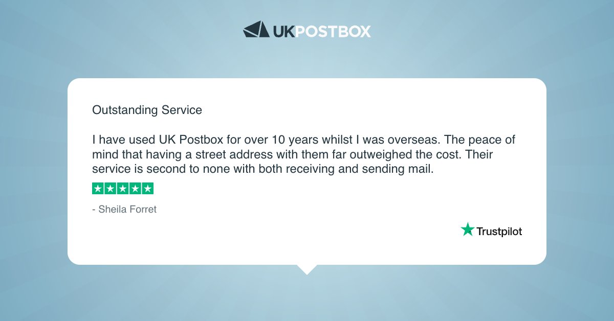 Sheila also gives us 5⭐ 

Our overseas customers enjoy the continuity of a permanent UK address, digital access to scanned mail and forwarding services for physical items.

See more reviews: 👉 uk.trustpilot.com/review/ukpostb…

 #ExpatLife #MailForwarding #VirtualAddress #DigitalMail