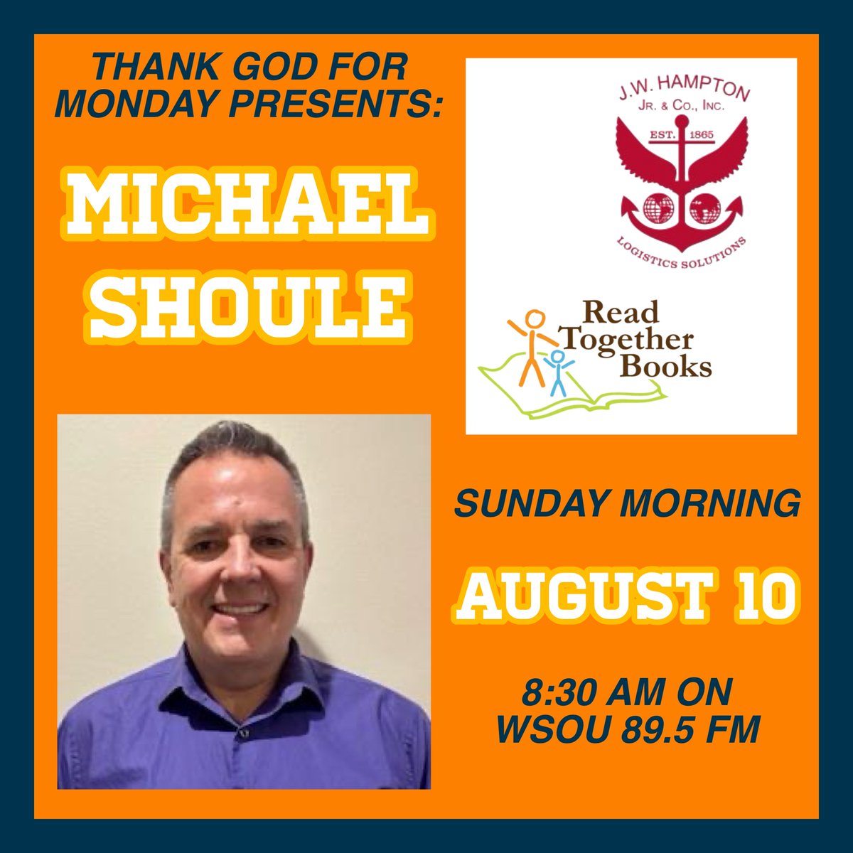 This week, Michael Shoule - vice-president of JW Hampton and founder of <a href="/readtogetherbks/">Read Together Books</a> is joining TGFM to talk about his businesses. Listen live on wsou.net this Sunday! #tgfmwsou