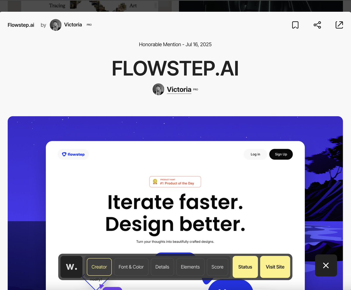 victoria_framer's tweet image. Exciting news! 🎉
The Flowstep.ai site I built in @Framer has just received an Honorable Mention from @Awwwards! 🏆

Huge thanks to everyone for the amazing support. 

#Framer #Awwwards #WebDesign