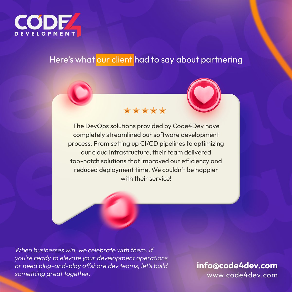 Code4DevX's tweet image. Here’s how we helped Tech Solutions Inc. speed up dev cycles ⚡
✅ CI/CD setup
✅ Cloud optimization
✅ Automation boost
Result? Faster releases & happier teams.
💬 “We couldn’t be happier!” – CTO Anthony Allison
📩 info@code4dev.com
🌐 code4dev.com