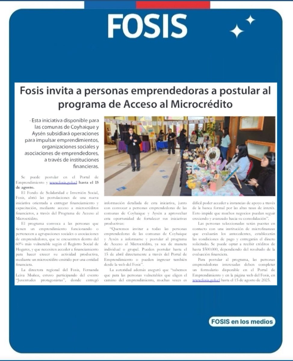 Hoy prensa <a href="/ddivisadero/">El Divisadero</a> destaca postulaciones abiertas al programa de Acceso al Microcrédito, disponible hasta el 15 de agosto para personas emprendedoras de las comunas de Coyhaique y Aysén.

#ChileAvanzaContigo