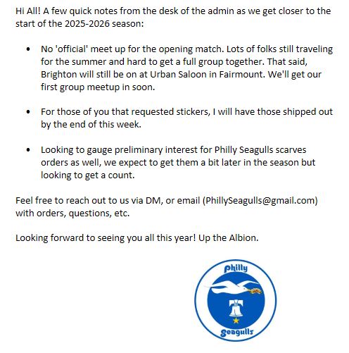A few quick notes as we gear up for the season! #BHAFC #PhillySeagulls