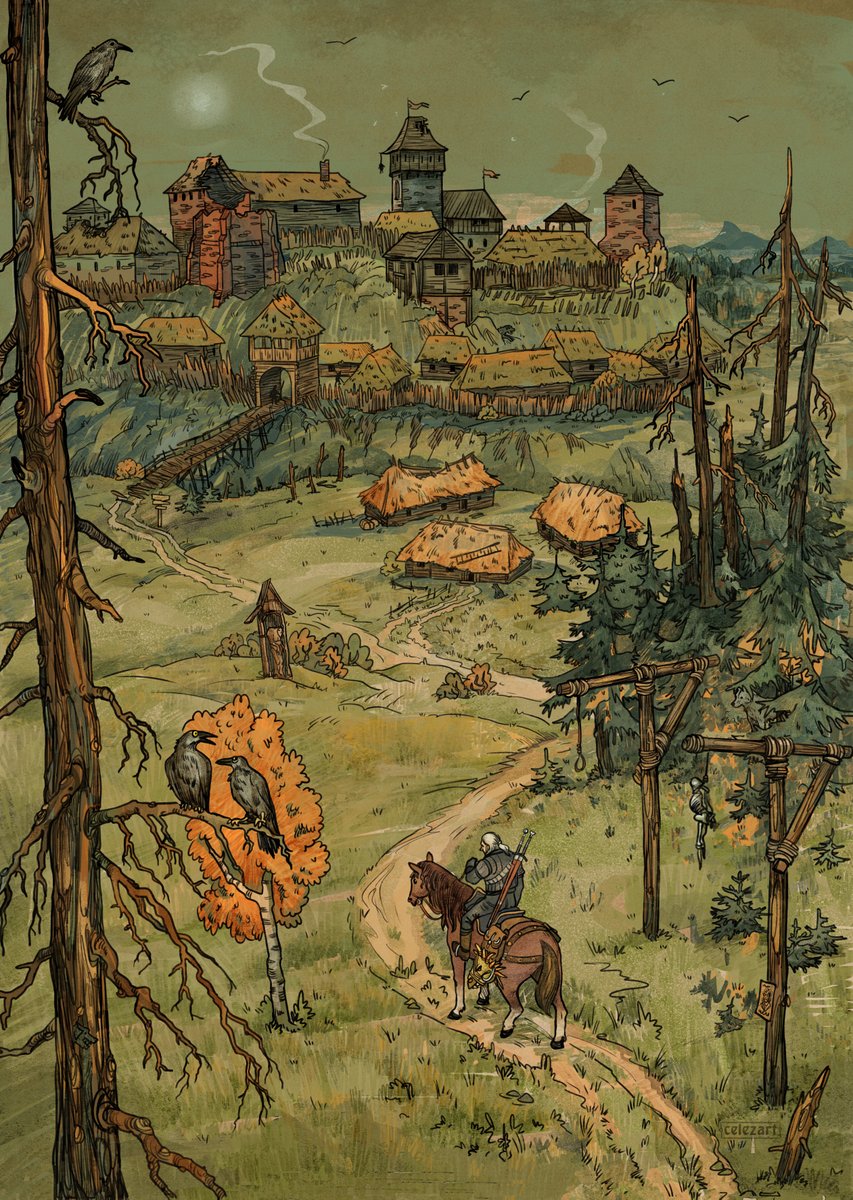 Illustration of Velen location. I'm charmed that gloomy atmosphere of swamps, rotten gallows and war-torn villages. What a wonderful countryside!
p.s. As always my doge is hidden here as Easter Egg, you can found it, hehe.

#witcher