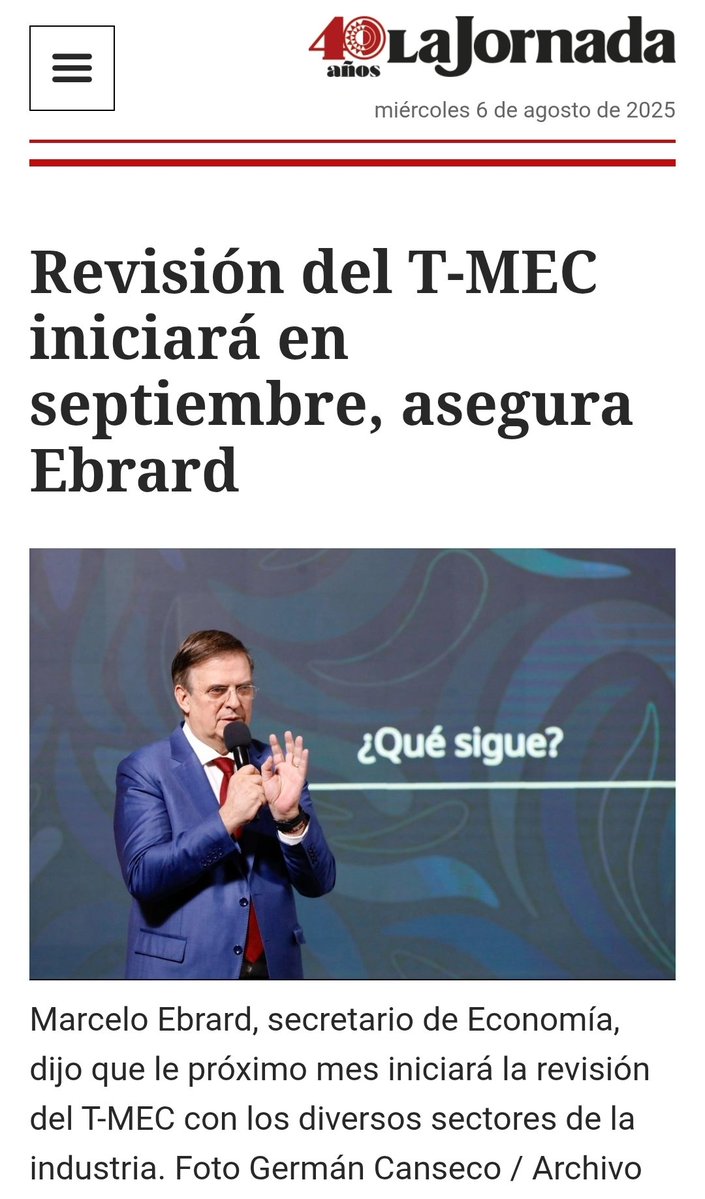 MéxicoSi🇲🇽 (@marceloe2024) on Twitter photo La Jornada - Revisión del T-MEC iniciará en septiembre, asegura Marcelo <a href="/m_ebrard/">Marcelo Ebrard C.</a> secretario de <a href="/SE_mx/">Economía México</a>
jornada.com.mx/noticia/2025/0… La Jornada - Revisión del T-MEC iniciará en septiembre, asegura Marcelo <a href="/m_ebrard/">Marcelo Ebrard C.</a> secretario de <a href="/SE_mx/">Economía México</a>
jornada.com.mx/noticia/2025/0…