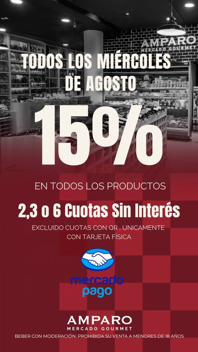 📣 Todos los miércoles de agosto en Amparo Mercado Gourmet
✨ 15% OFF en todos los productos
💳 2, 3 o 6 cuotas sin interés con tarjeta física <a href="/mercadopago/">Mercado Pago</a>
🛒 ¡Te esperamos!