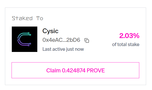 I started earning $PROVE yield from <a href="/cysic_xyz/">Cysic</a>'s prover (gib more pls &gt;.&lt;)

Stake with us, prove with us