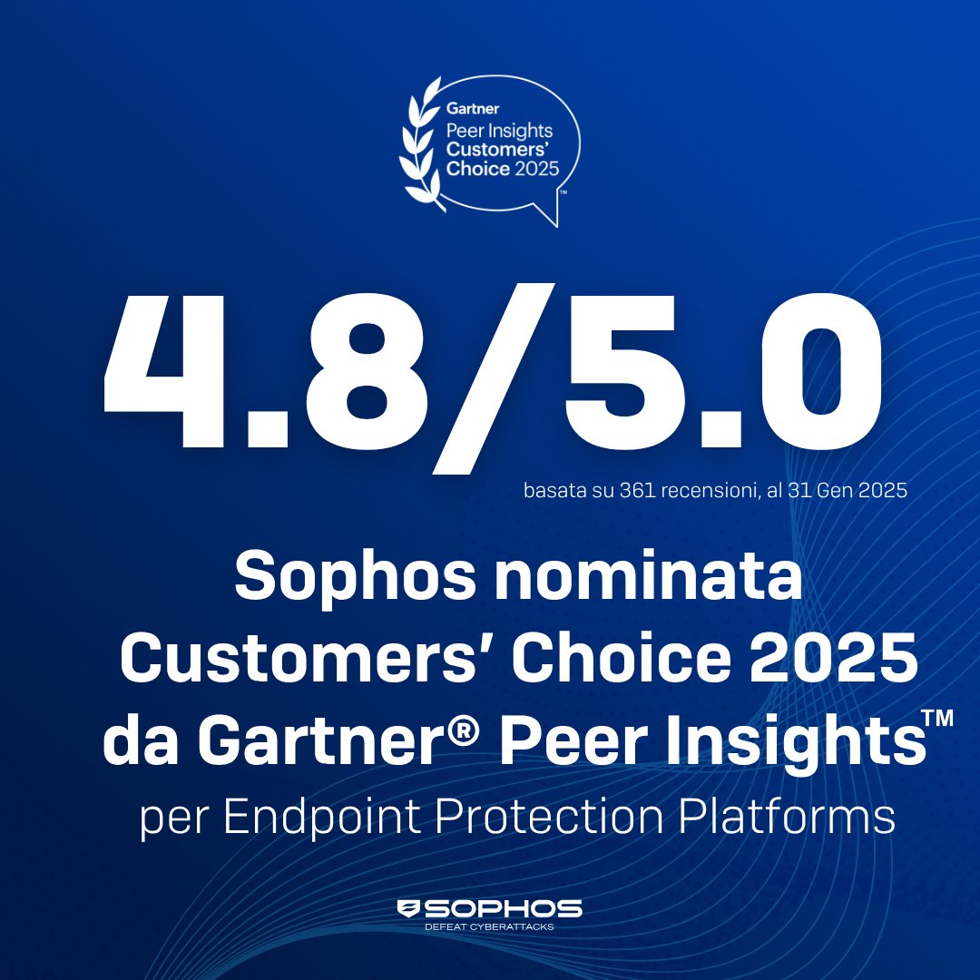 Sophos è stata nominata Customers’ Choice 2025 da Gartner® Peer Insights™ per Endpoint Protection Platforms e XDR! L'unico fornitore premiato in entrambi i report con 4.8/5 su 361 recensioni ed è il quarto riconoscimento consecutivo. 

Scopri di più: bit.ly/43Yxhmo