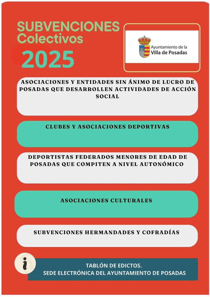 ✅SUBVENCIONES COLECTIVOS LOCALES 2025 

🗓️Abierto plazo para presentar proyectos:
💙COLECTIVOS SOCIALES
💚COLECTIVOS DEPORTIVOS
❤️COLECTIVOS CULTURALES
🧡MENORES FEDERADOS
💛HERMANDADES Y COFRADÍAS

ℹ️Pincha en:
📲 sede.eprinsa.es/posadas/tablon…

💖GRACIAS por dinamizar POSADAS‼️