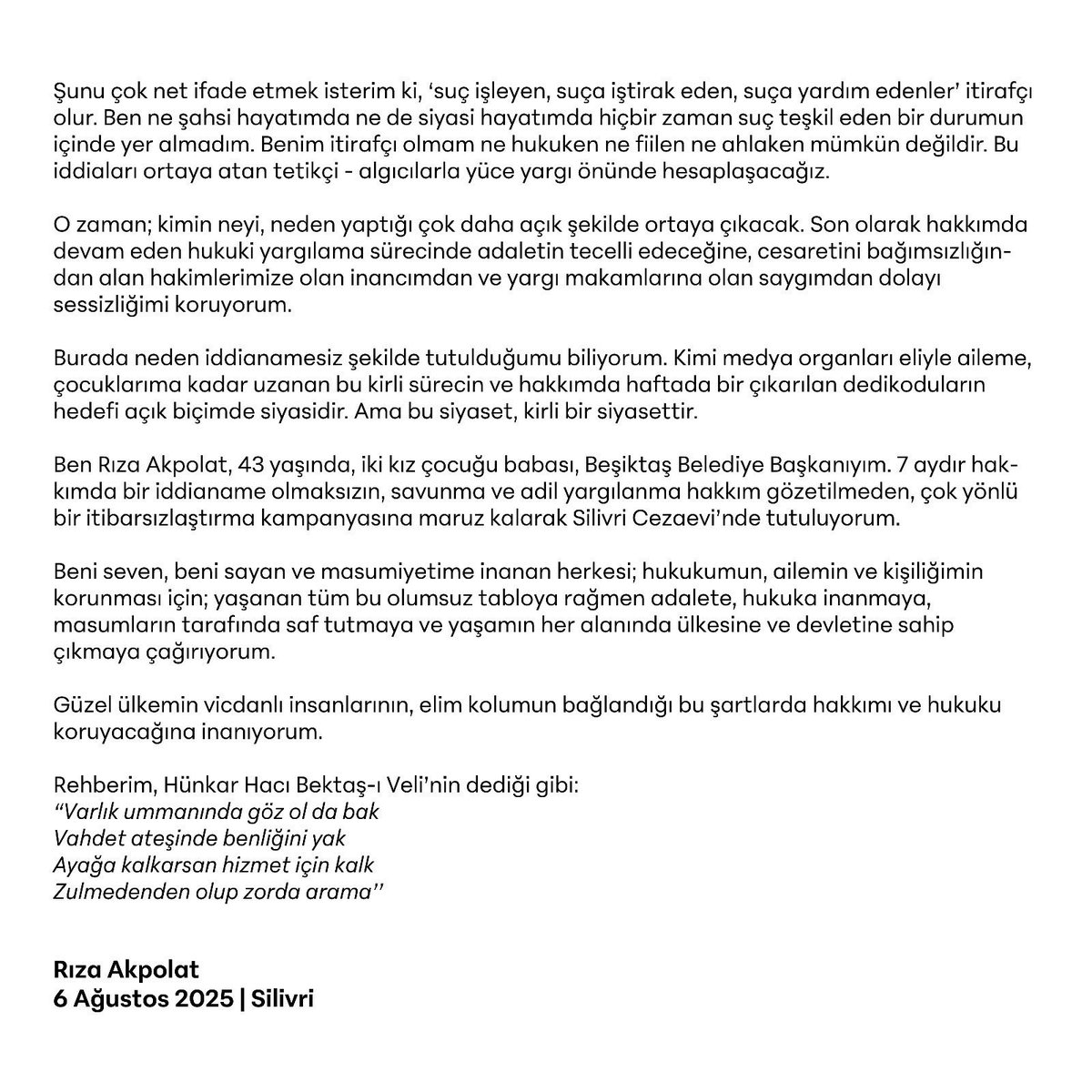 Tüm yol arkadaşlarımız zindandan çıkıncaya kadar direnmeye devam edeceğiz. Bahçelievler’in öz evladı, biz sizden eminiz. Size atılan iftiraların, hangi çıkarcı ve fırsat düşkünleri tarafından ortaya atıldığının farkındayız. Hukuki ve siyasi her zeminde yanınızdayız.