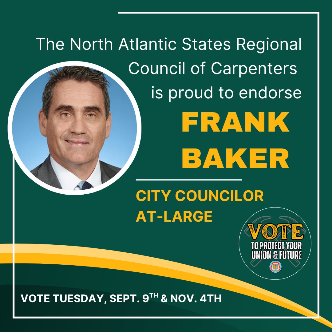 North Atlantic States Carpenters (@nasrcc_ubc) on Twitter photo The North Atlantic States Regional Council of Carpenters is proud to endorse Frank <a href="/Baker4Boston/">Baker For Boston</a> for Boston City Council At-Large.
🗳️Vote early or on September 9 and November 4!
#mapoli #bospoli #BakerForBoston #PoliticsEqualsPaychecks #ElectionsHaveConsequences The North Atlantic States Regional Council of Carpenters is proud to endorse Frank <a href="/Baker4Boston/">Baker For Boston</a> for Boston City Council At-Large.
🗳️Vote early or on September 9 and November 4!
#mapoli #bospoli #BakerForBoston #PoliticsEqualsPaychecks #ElectionsHaveConsequences