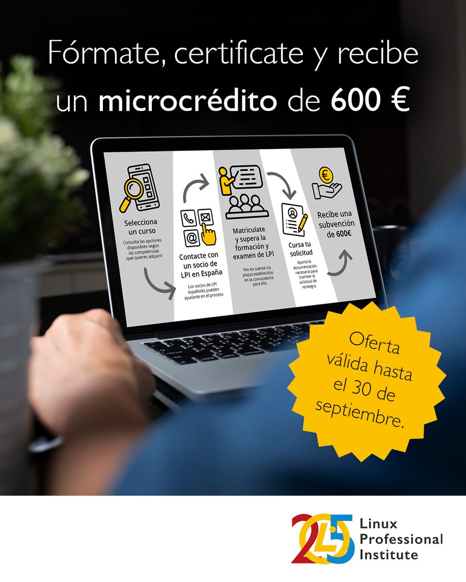 Working in Spain and want to upskill in #IT?

You can get 600€ reimbursed for training and #LPI certifications through <a href="/Fundae_es/">Fundación Estatal para la Formación en el Empleo</a>.

Learn #Linux, #cybersecurity &amp; more to grow your #opensource career!

Offer ends Sept. 30, 2025.

Learn more: lpi.org/373u