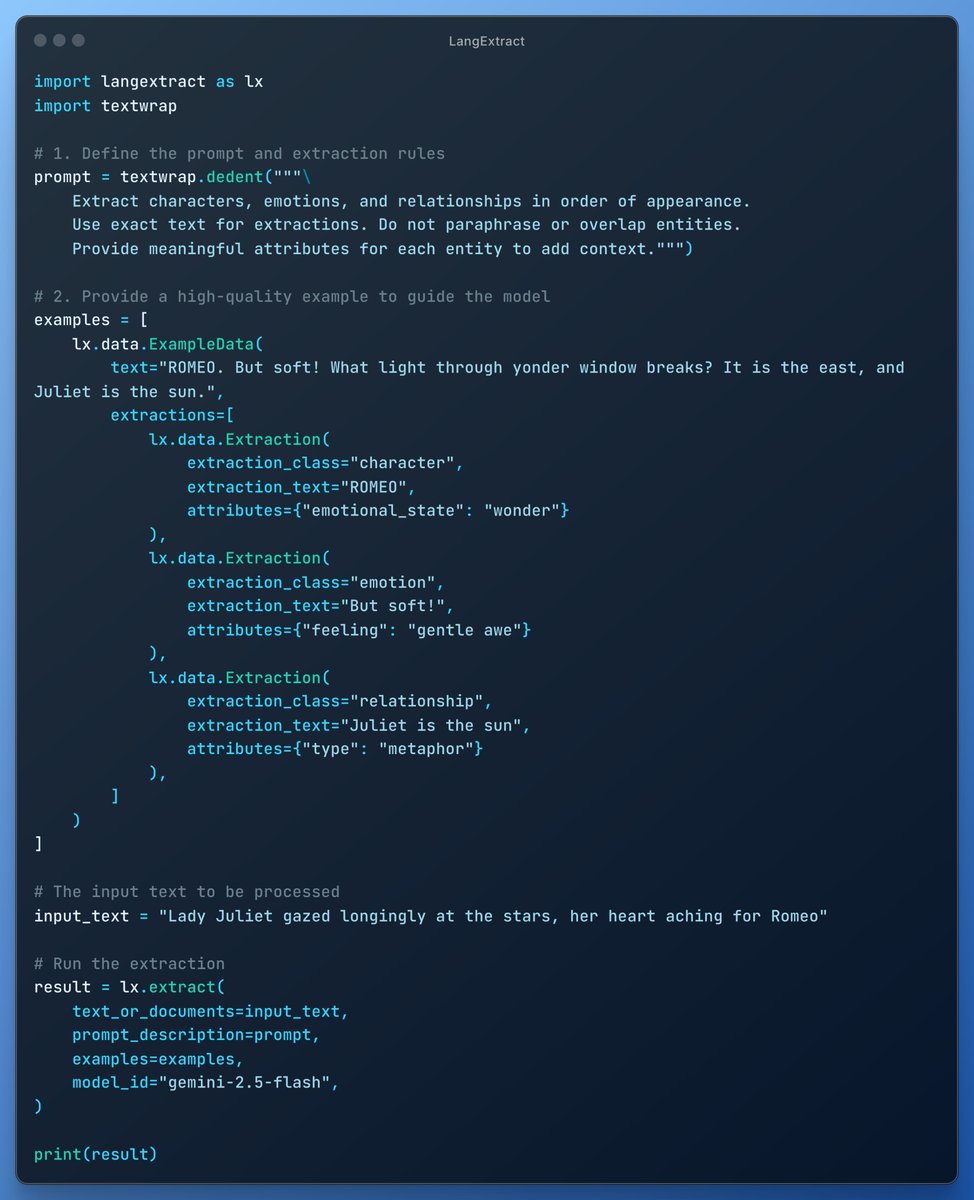 BuildFastWithAI's tweet image. 🚀@Google Unveils #LangExtract — A Next-Gen Python Library Powered by Gemini!
- Turn messy text into structured data
- Get instant visual insights
- Works with Gemini, Ollama, or your favorite LLM
👉 Dive into the blog : git.new/LangExtract