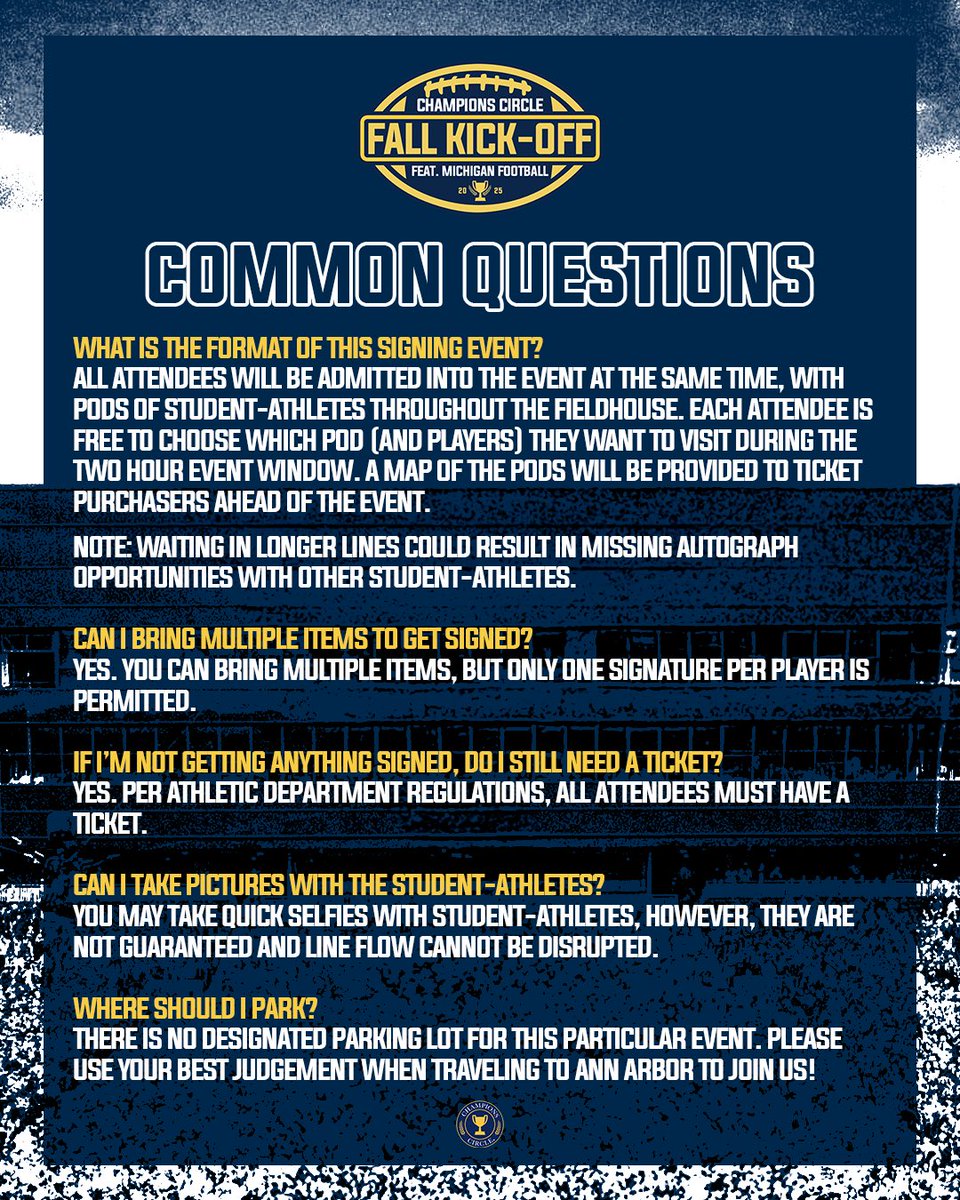 You asked. We delivered. 

The 2025 Champions Circle Fall Kick-Off is ON! Come meet Michigan Football Team 146, get your gear signed, and kick-off the season with us on Saturday, August 23rd😤〽️

Grab tickets » secure.qgiv.com/for/championsc…