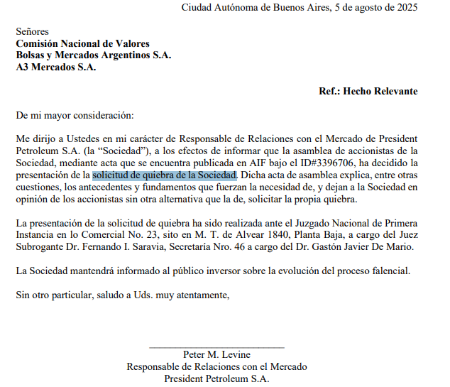 FED_V1000's tweet photo. #PRESIDENTPETROLEUM 🚨 QUIEBRA
Informó solicitud ante @CNVArgentina https://t.co/Y7AHfKB1On