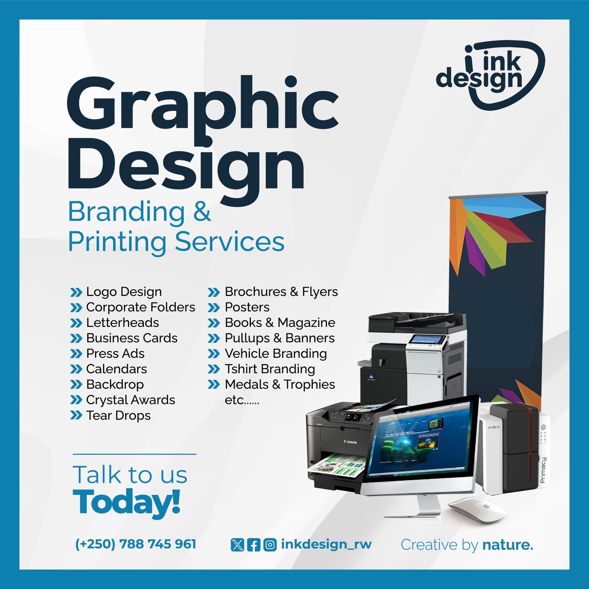 INKDesign_rw's tweet photo. At INK Design Ltd, We offer a wide range of Graphic Design, Branding &amp; Printing Services, including:

✅ Logo Design
✅ Pullups &amp; Banners
✅ Brochures &amp; Flyers
✅ Business Cards
✅ Posters
✅ Vehicle Branding
✅ T-shirt Branding and  more!

Talk to us Today! 📞 (+250) 788 745 961 https://t.co/TOZeZM1f1P
