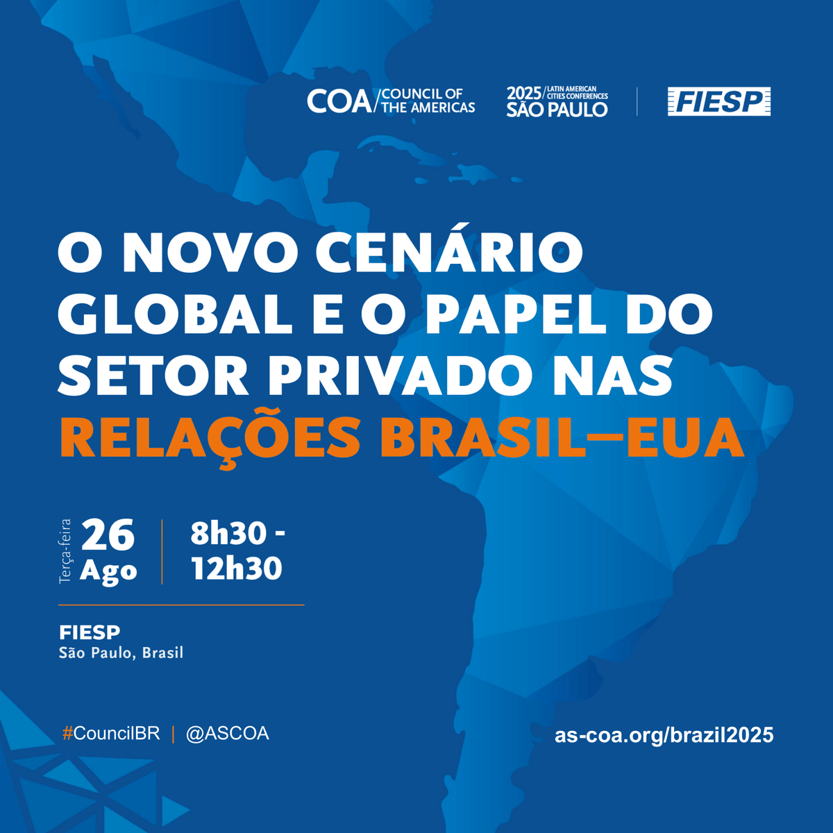 Compareça a nossa conferência #CouncilBR, dia 26 de agosto, em pareceria com a <a href="/Fiesp/">Fiesp</a> em São Paulo. 🇧🇷

Mais informações: as-coa.org/Brazil2025