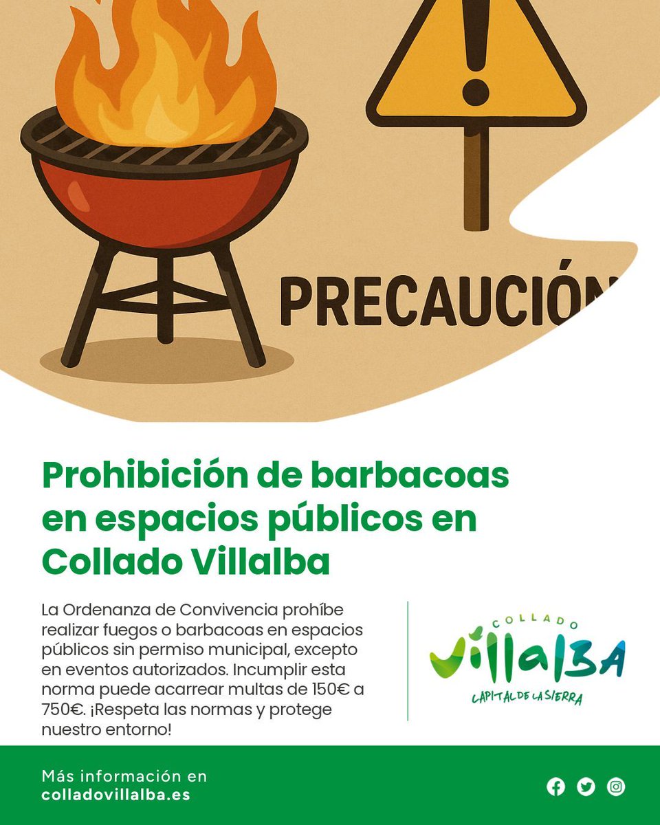 Ayuntamiento de Collado Villalba (@ayuntamientocv) on Twitter photo 🔥🚫 ¿Planes de barbacoa en espacios públicos? ¡Ojo! 🚫🔥
En #ColladoVillalba está prohibido hacer fuegos o barbacoas sin autorización.
Evita multas y cuida nuestro entorno. 🌳💙 🔥🚫 ¿Planes de barbacoa en espacios públicos? ¡Ojo! 🚫🔥
En #ColladoVillalba está prohibido hacer fuegos o barbacoas sin autorización.
Evita multas y cuida nuestro entorno. 🌳💙