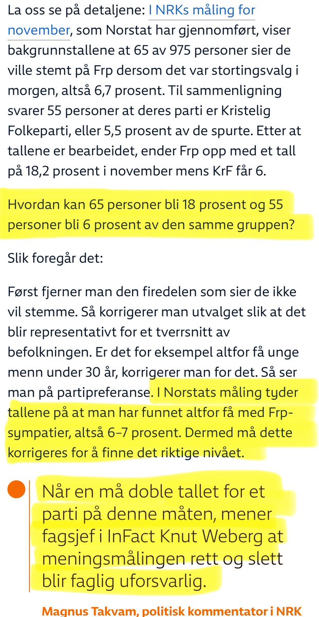 Meningsmålinger…

Visste du at 65 stemmer kan bli 18% mens 55 stemmer i samme måling kan bli kun 6%?

Så hvis et småparti får mye flere stemmer enn forventet, så vil målingen «korrigere» for det…

Det endelige resultatet får vi ved valget. 

Stem på det hjertet og fornuften